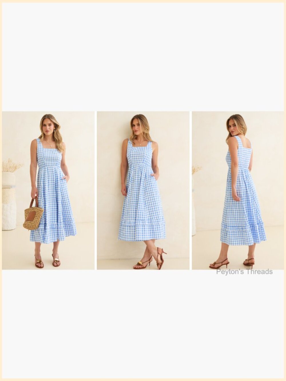 Womens Summer Casual Gingham Plaid Midi Dress Sleeveless Square Neck Flowy - Picture 7 of 7
